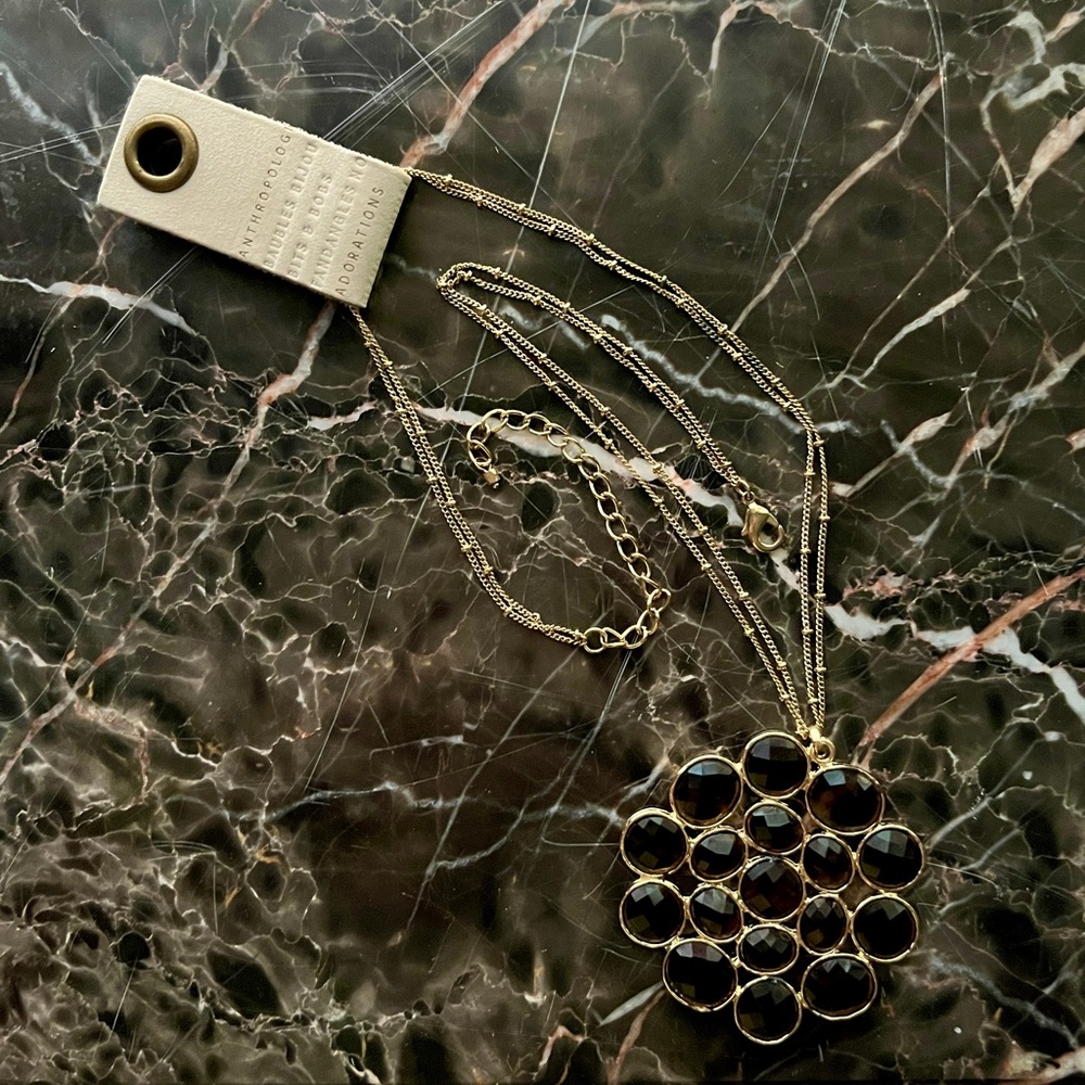 Anthropologie Brown Gold Stone Cluster Necklace Retro 70s Chain Circle Pendant - Picture 13 of 14